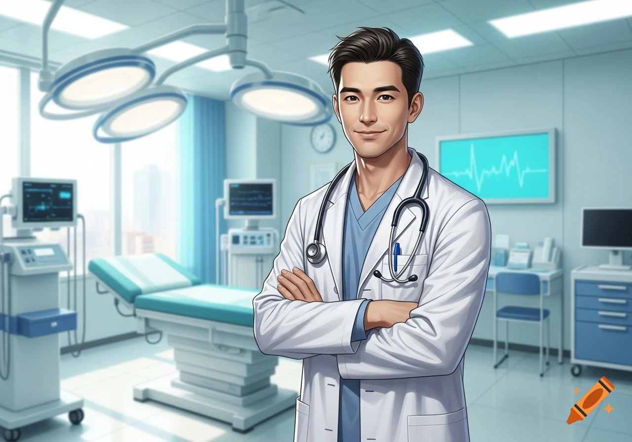 A smiling male doctor in a white lab coat and blue scrubs, with arms crossed, stands in an illustrated operating room.