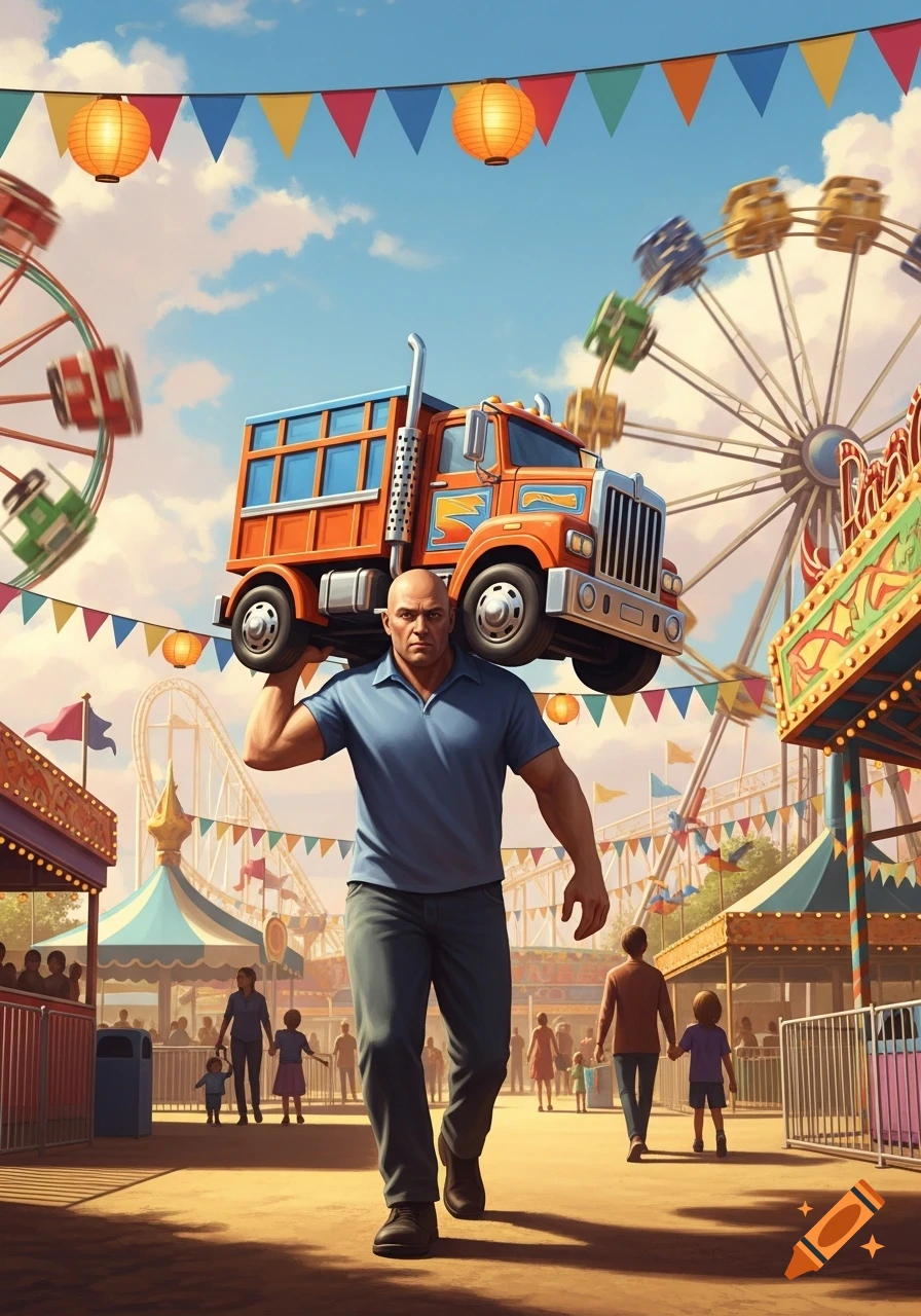 A bald man carries an orange toy truck on his shoulder, walking through a vibrant amusement park filled with rides and crowds.