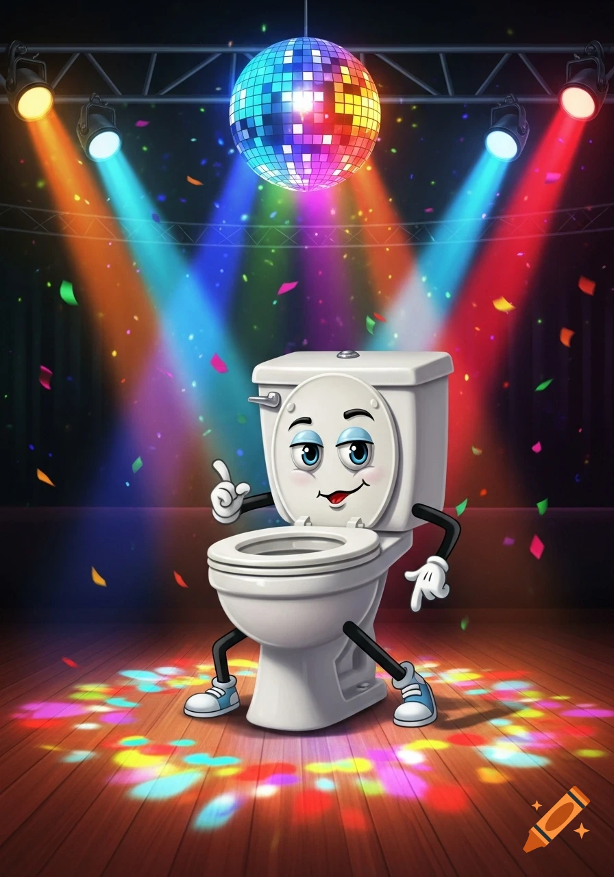 A cheerful cartoon toilet character with a face, arms, and legs dances under a colorful disco ball and spotlights with confetti.
