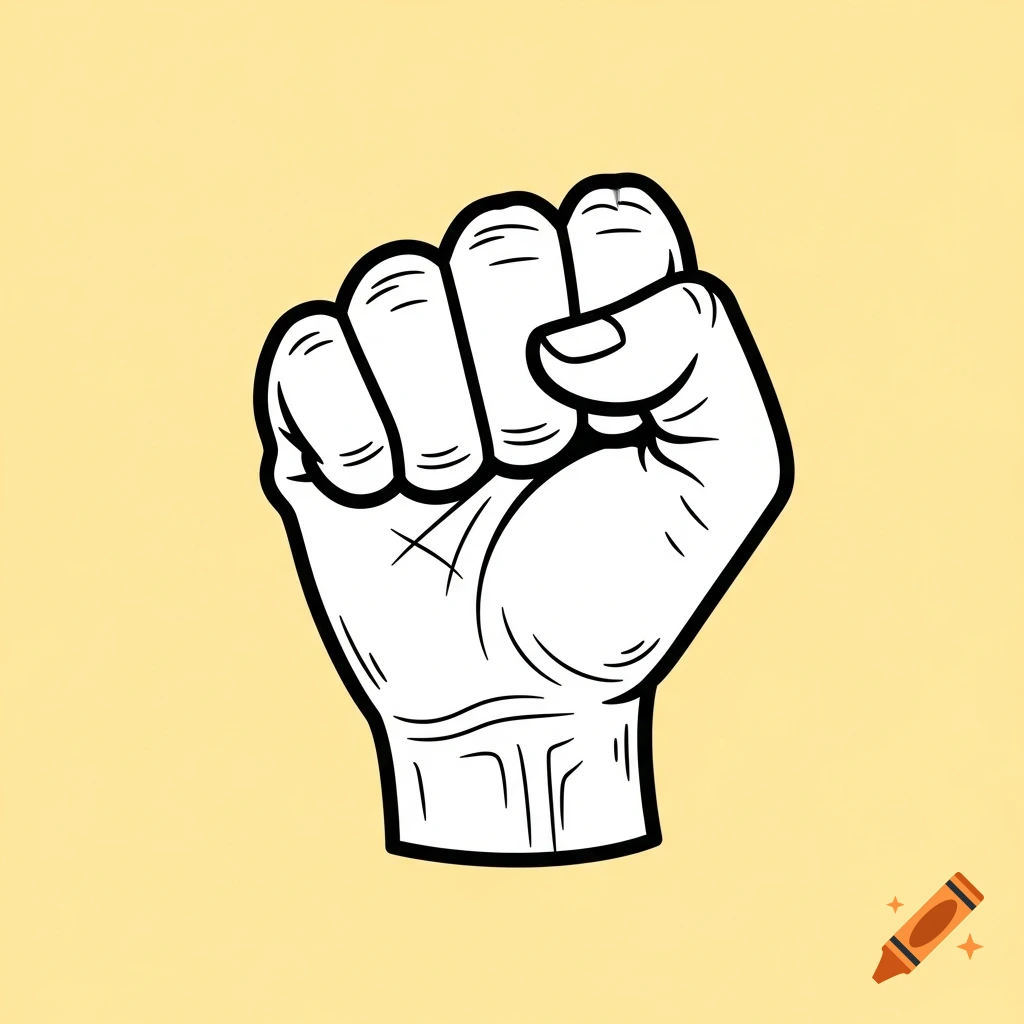 A minimalist cartoon illustration of a white closed fist with bold black outlines on a pale yellow background.