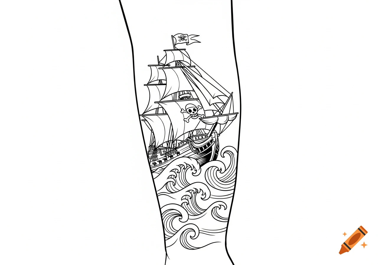 Black and white line art tattoo design of a pirate ship with skull and crossbones flags on waves, wrapping around an arm.