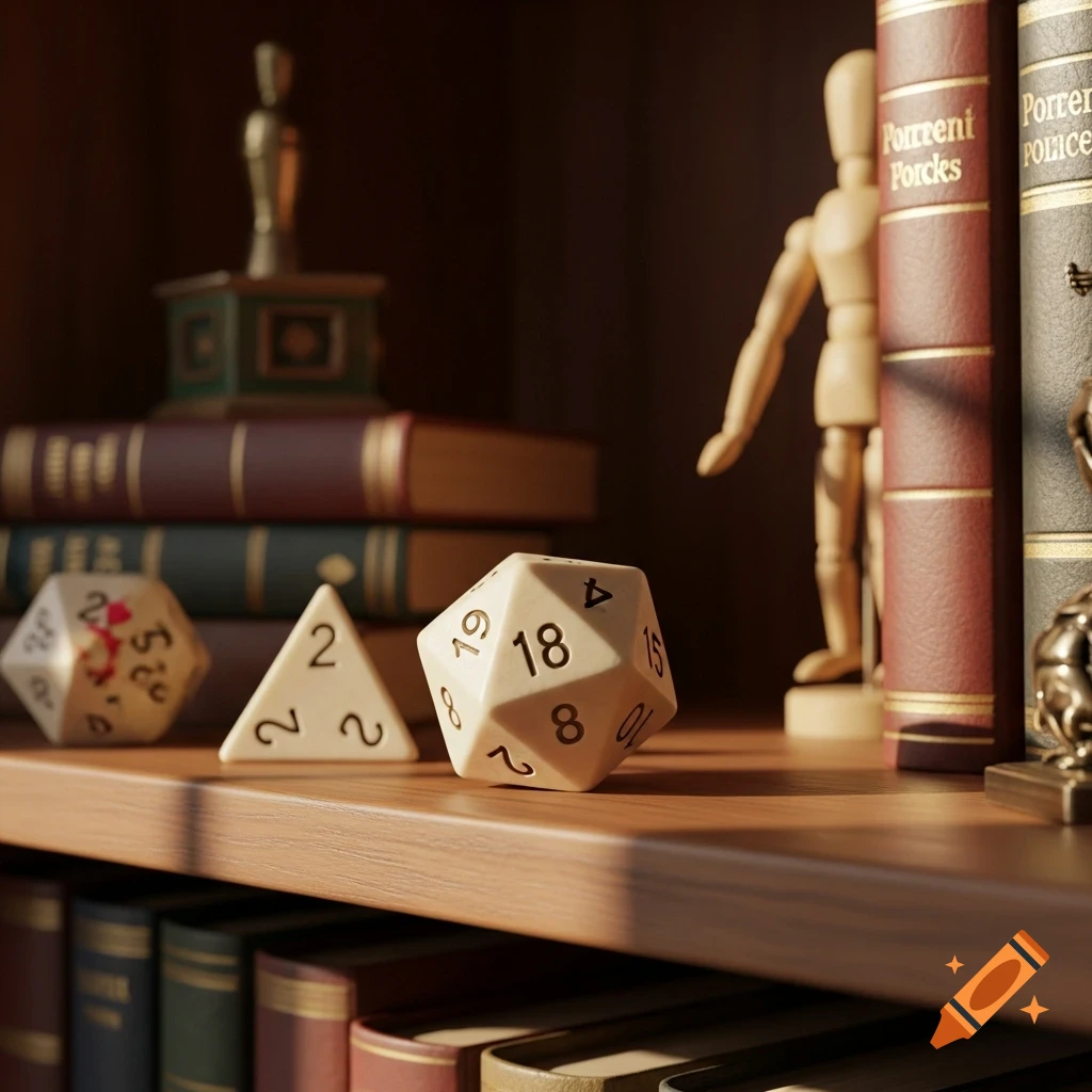 A photorealistic close-up of a d20 and other dice on a wooden bookshelf, with books and figurines blurred in the background.