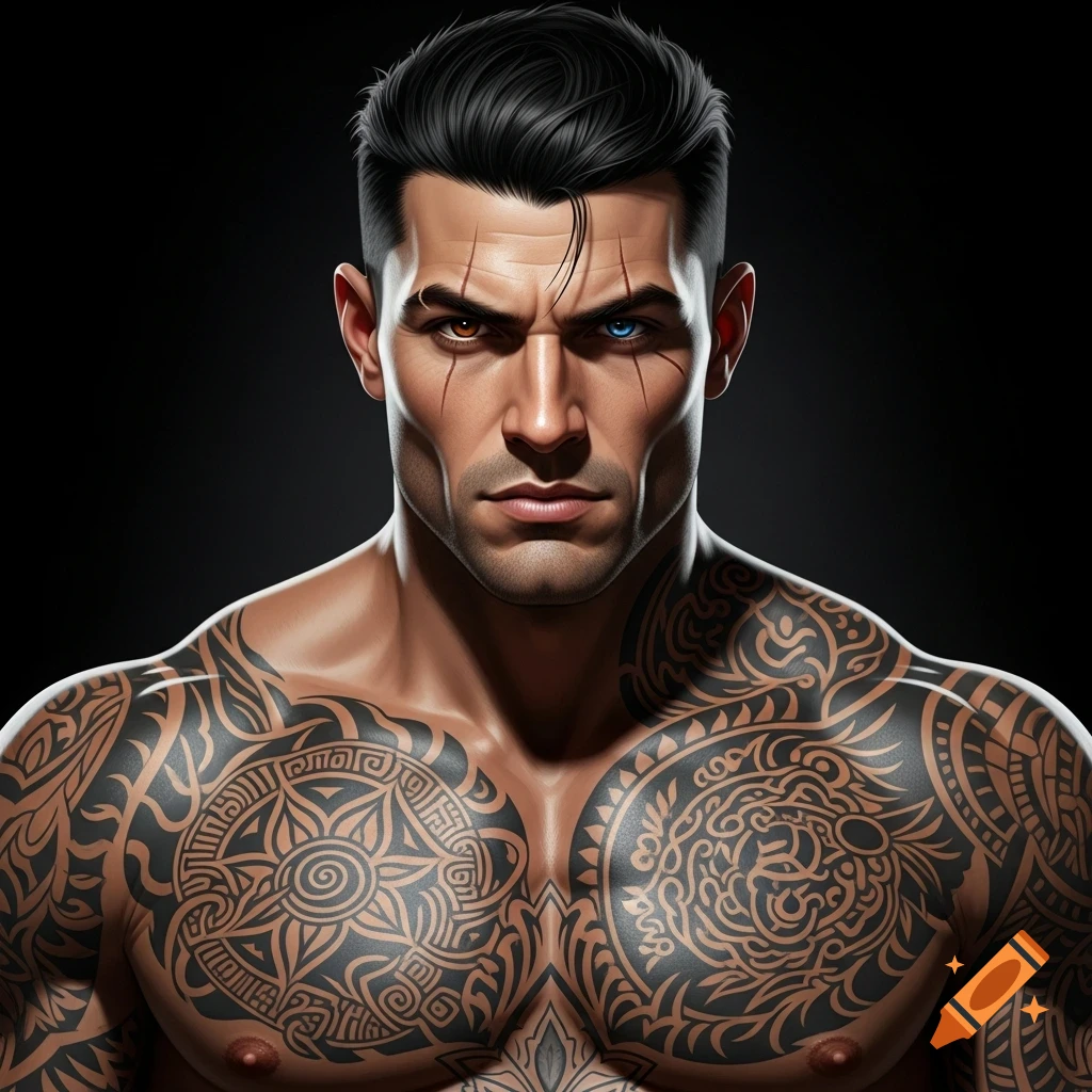 Muscular, shirtless man with intricate chest and arm tattoos, heterochromatic eyes, facial scars, and short black hair against a dark background.