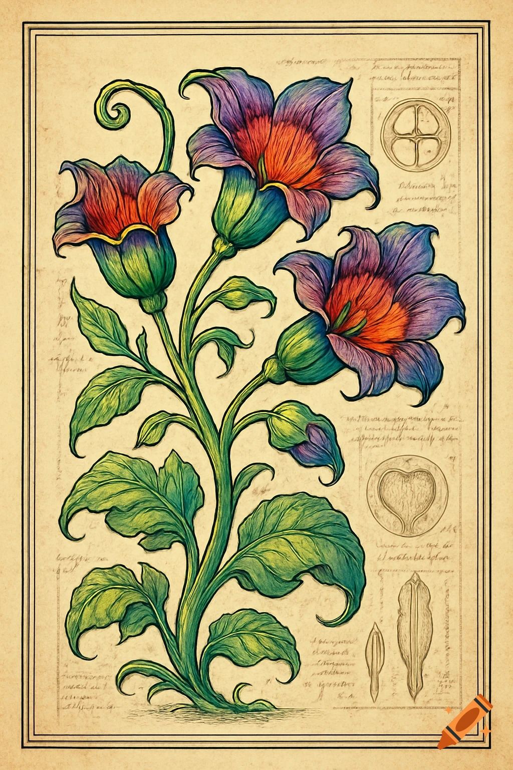 Vibrant botanical illustration of a flowering plant with colorful petals and green leaves on an aged parchment background with vintage scientific diagrams and script.