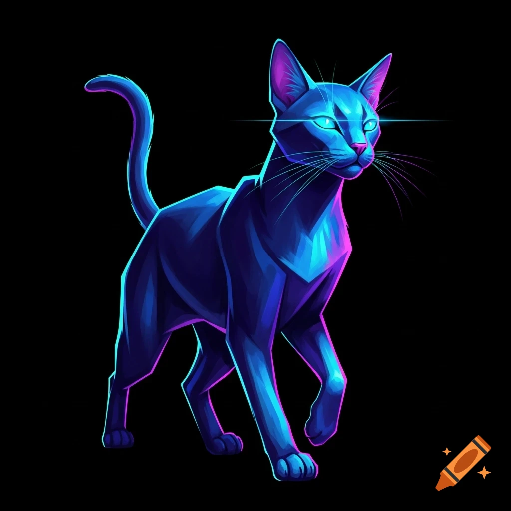 A sleek, stylized cat rendered in glowing neon blue and pink, walking against a black background.