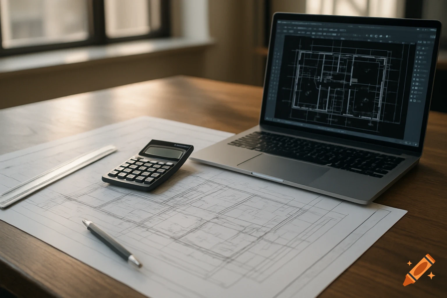 A desk with architectural drawings, a laptop displaying a blueprint, a calculator, and a ruler.
