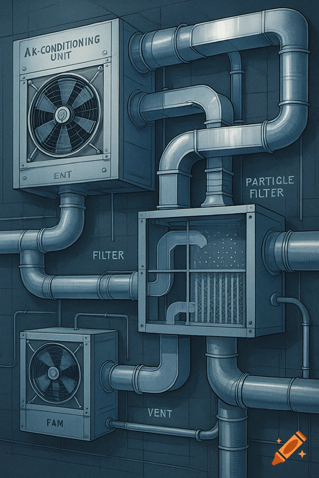 A blue-toned schematic diagram illustrates complex industrial air conditioning and filtering equipment with interconnected pipes, fans, and various units.