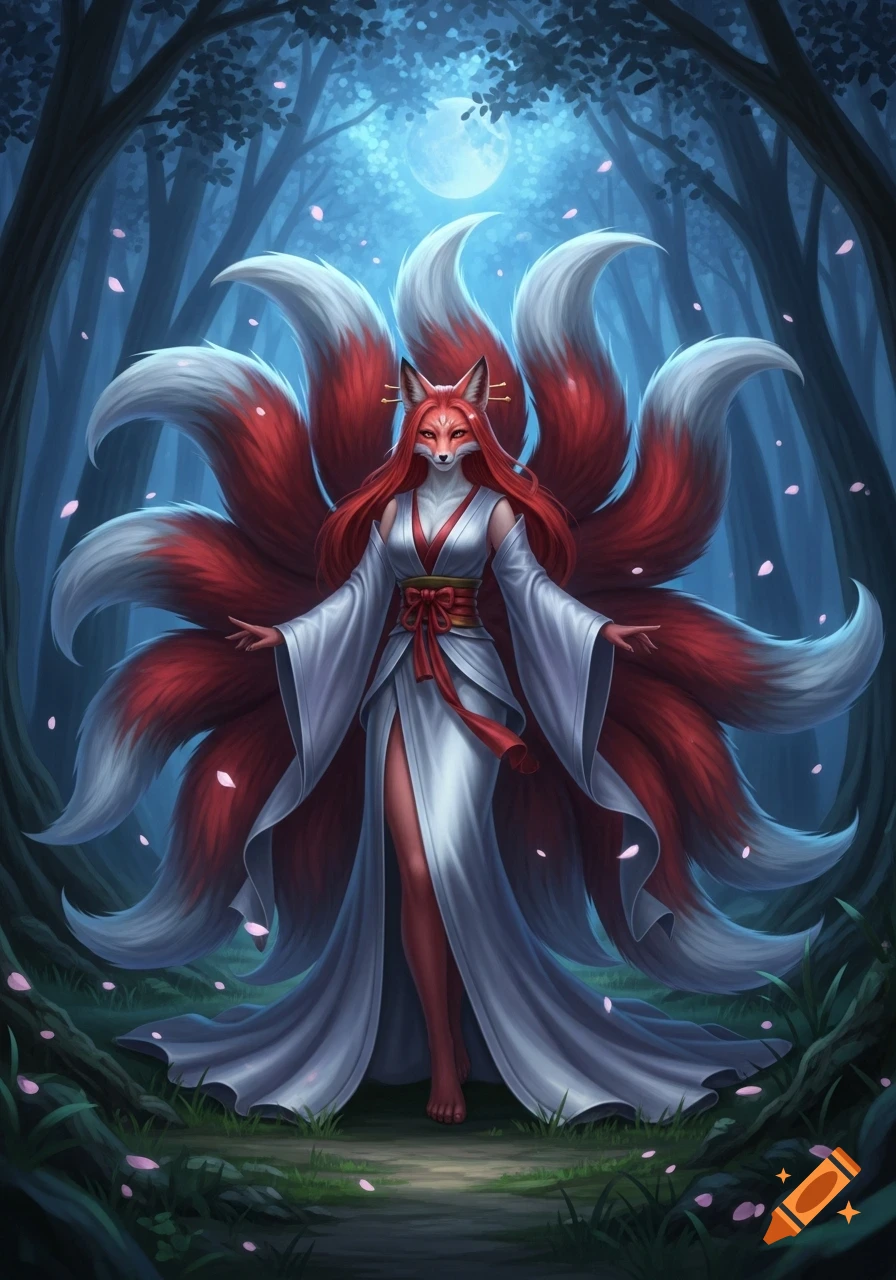 A nine-tailed fox woman (kitsune) with long red hair and a white robe stands in a dark fantasy forest under a full moon.