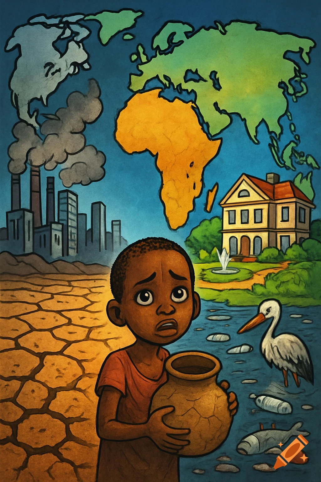 Cartoon: A child with a pot stands between dry, polluted land and a clean, wealthy area under a world map, illustrating the global water crisis.