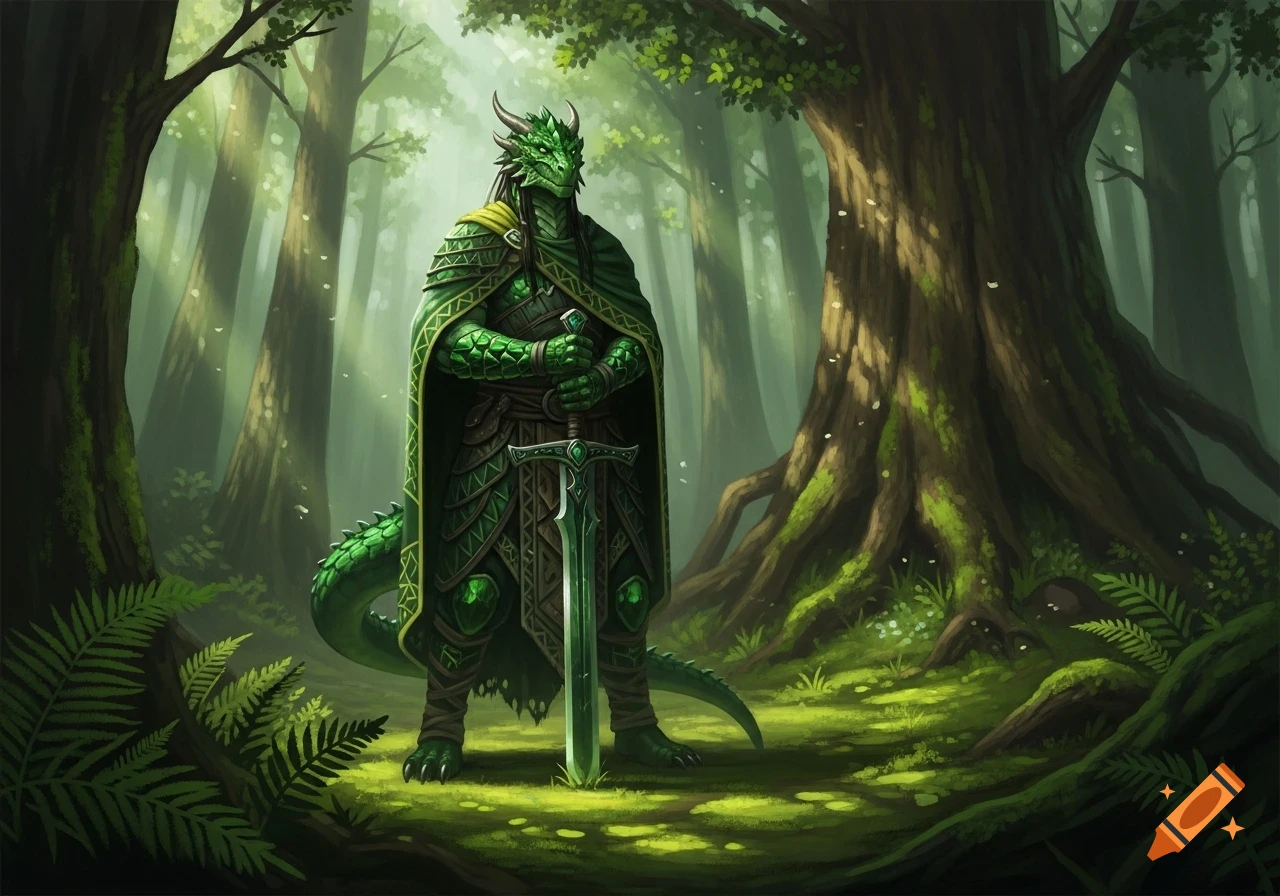An emerald-scaled dragonborn in green tribal clothing stands in a sun-dappled green forest, holding a greatsword.