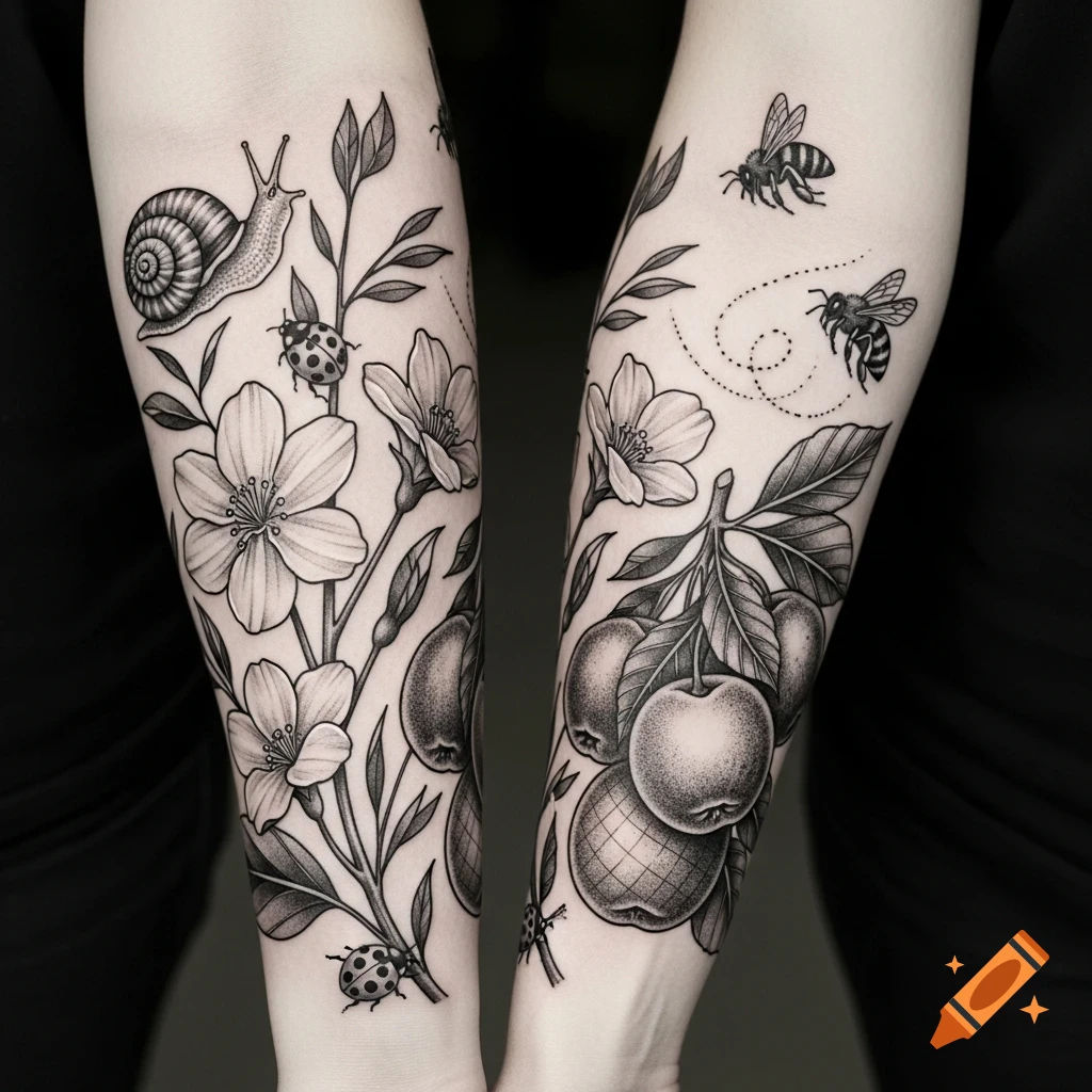 Detailed black and white forearm tattoos depicting a garden theme with flowers, a snail, ladybugs, bees, and apples.