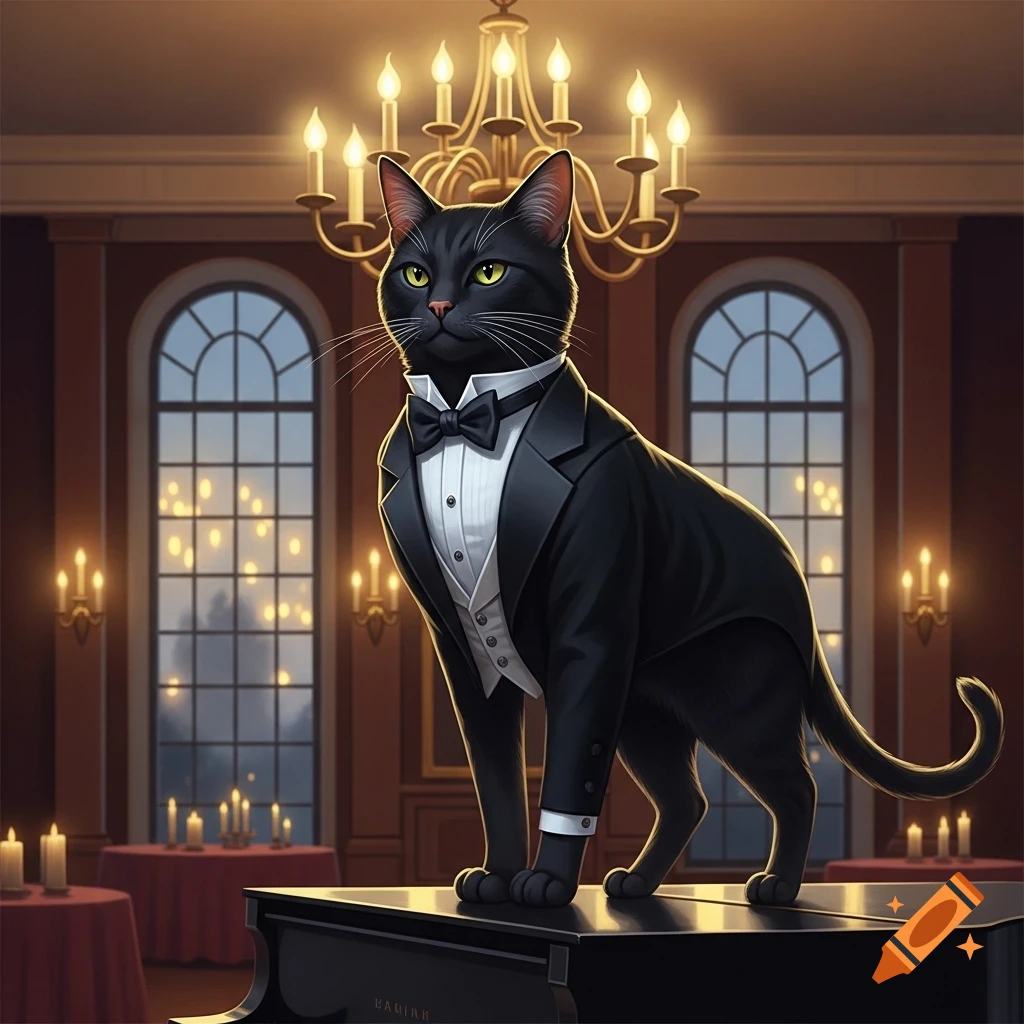 A black cat in a black tuxedo and bow tie stands on a grand piano in a lavish, candlelit room with large windows and a chandelier.