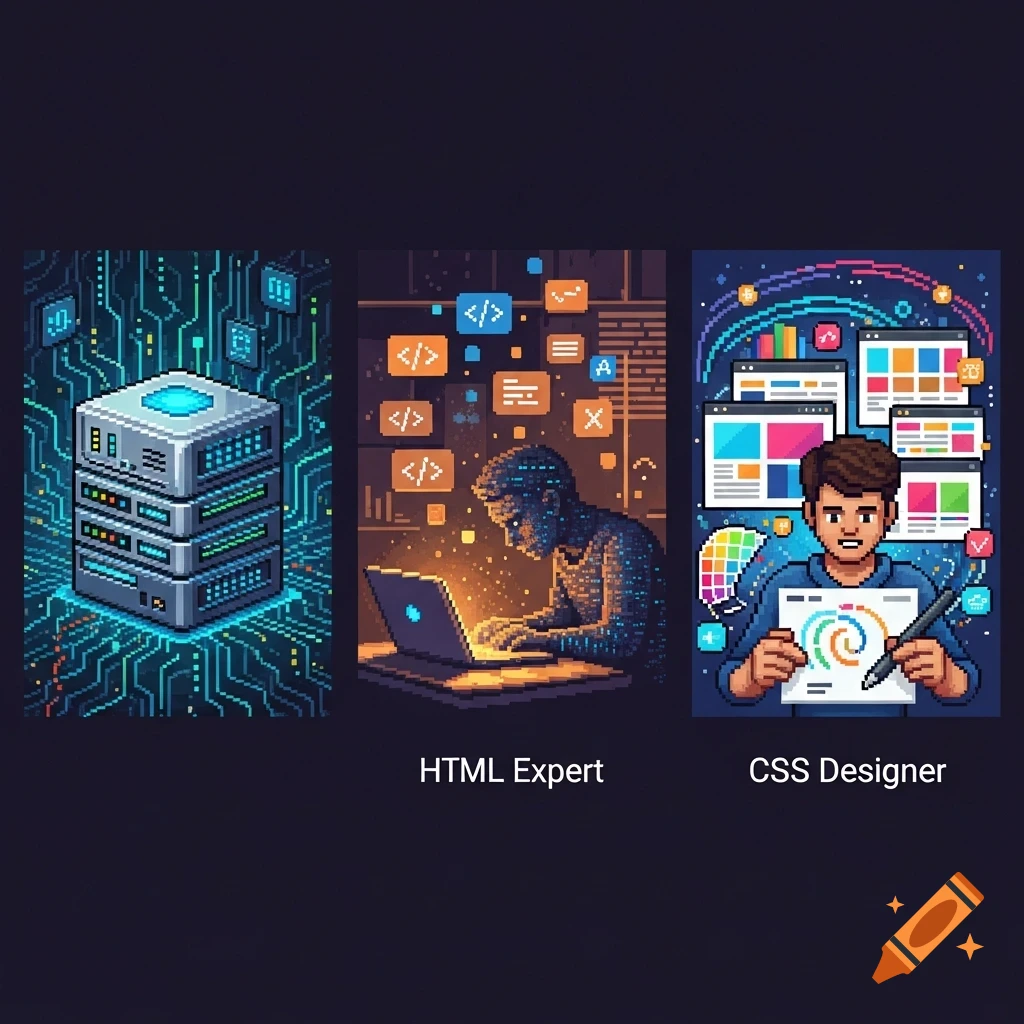 Three pixel art panels: a server node, an HTML expert coding on a laptop, and a CSS designer holding a colorful design.