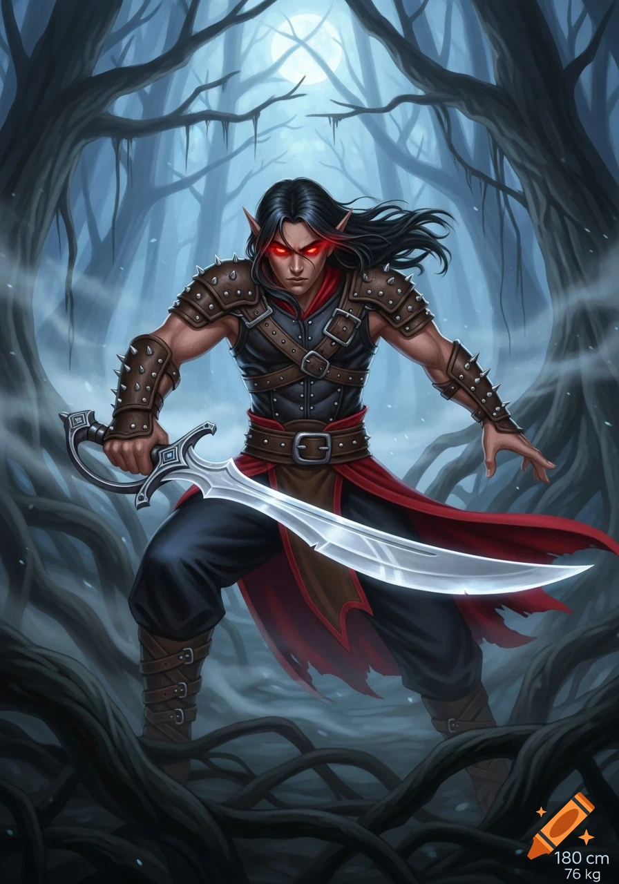 A male half-elf warrior with dark hair and glowing red eyes, wearing studded leather armor and holding a scimitar in a moonlit, dark forest.
