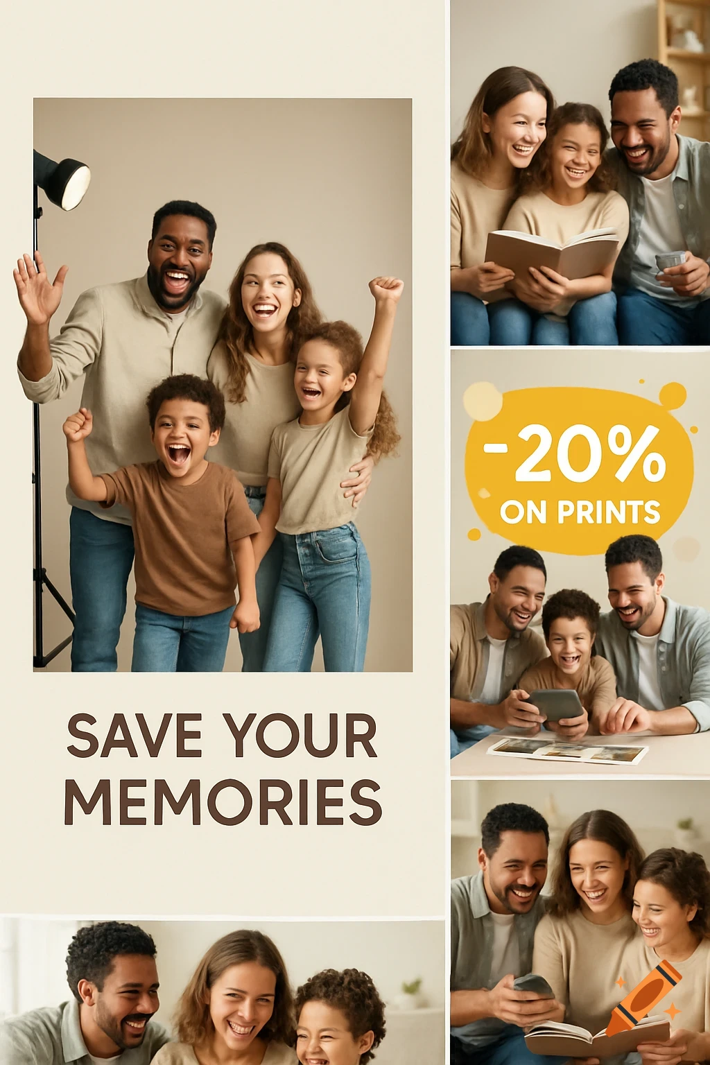 A collage of a happy multiracial family, including a photo studio portrait, and scenes of them looking at photo albums and a tablet, with text "SAVE YOUR MEMORIES" and "-20% ON PRINTS".