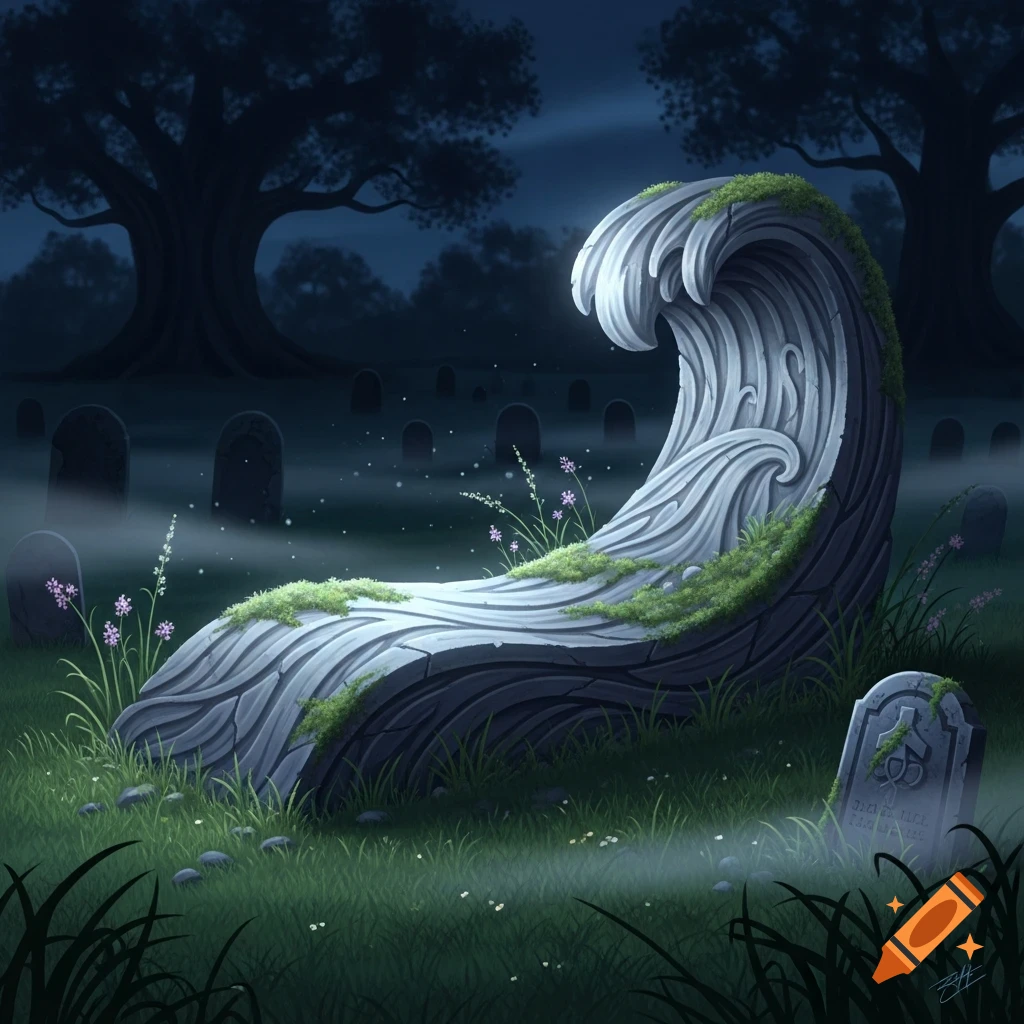 A wave-shaped tombstone covered in moss stands in a misty graveyard at night, with other tombstones and trees in the background.