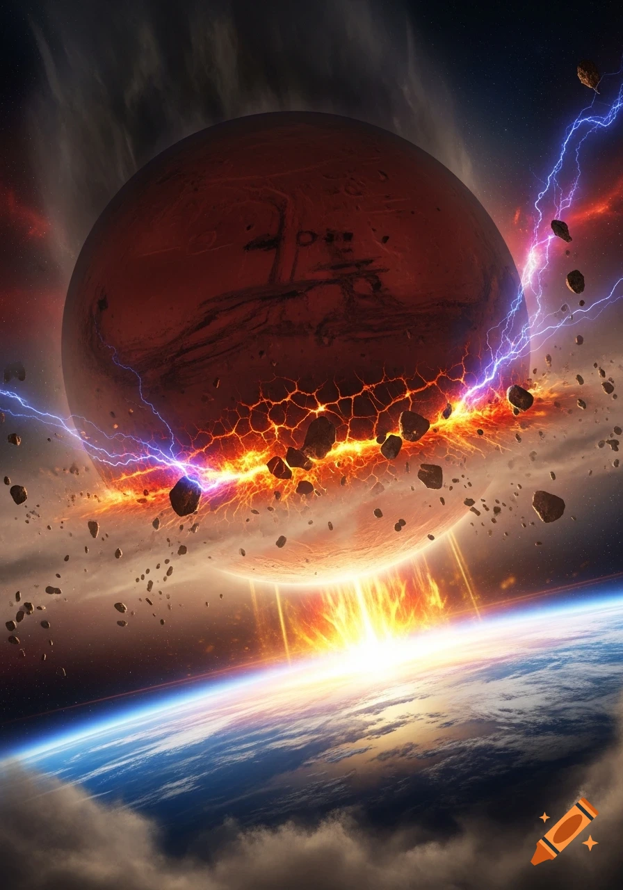 A large red planet, similar to Mars, dramatically collides with Earth, causing fiery cracks, debris, lightning, and a bright explosion in space.