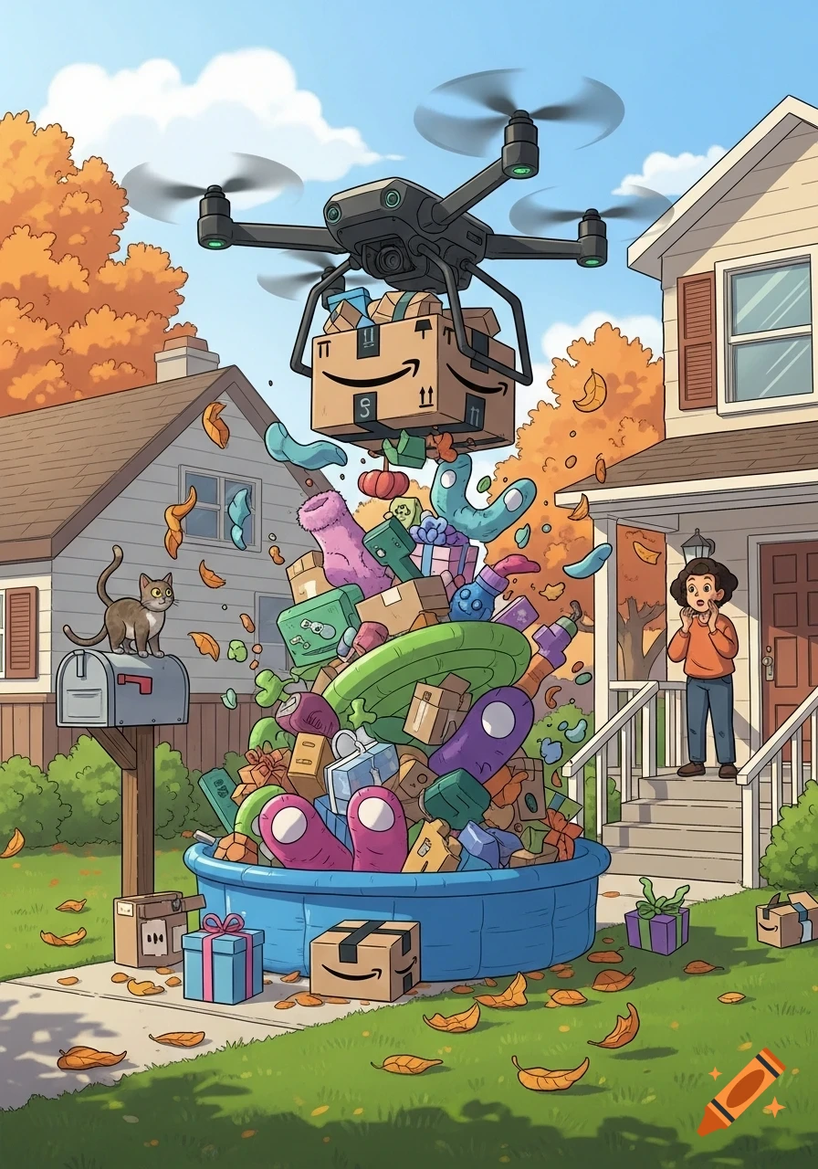 A cartoon drone spills Amazon packages into a kiddie pool in a suburban yard, surprising a child and a cat.