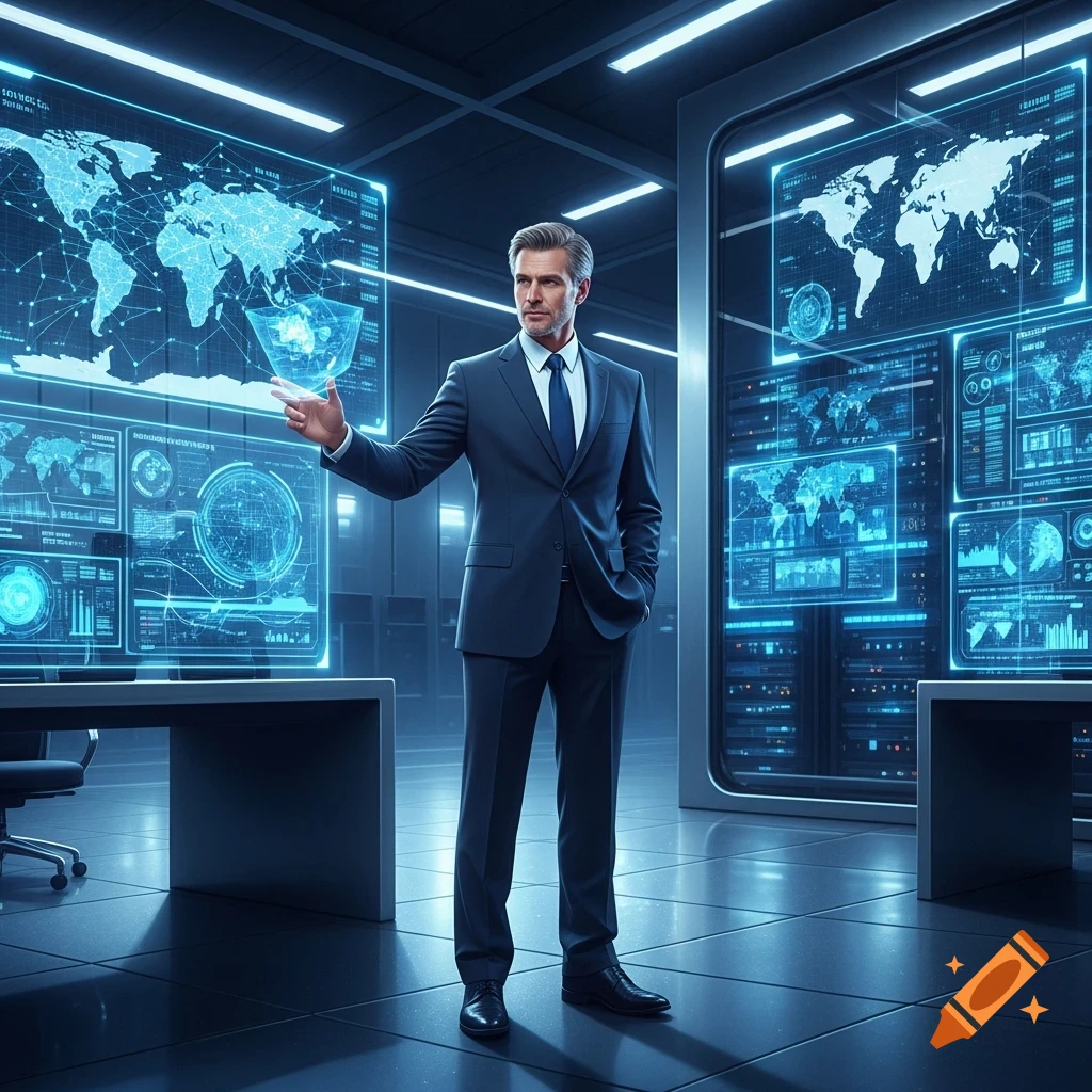 A man in a suit stands in a high-tech cybersecurity room, gesturing towards a holographic globe amidst glowing blue data screens.