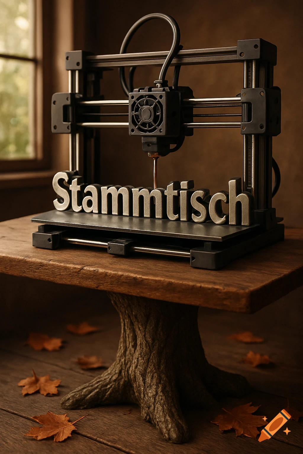 A 3D printer forms the word 'Stammtisch' on a wooden table with a tree trunk leg, surrounded by autumn leaves, in a photorealistic style.