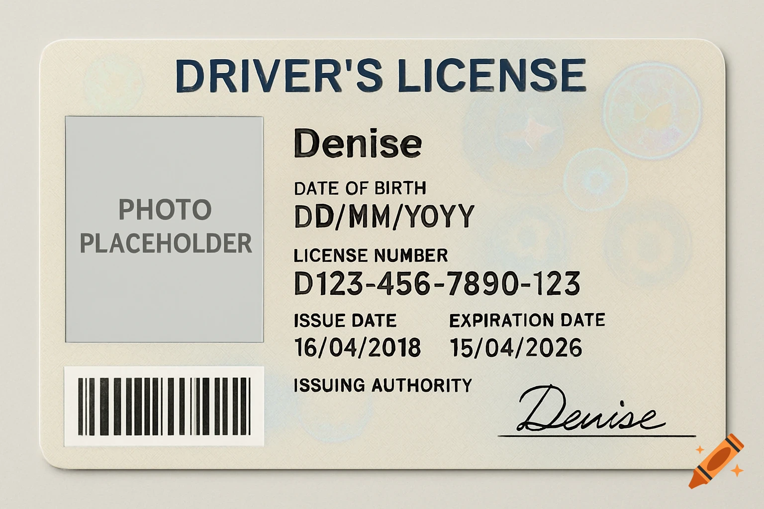 A close-up of a generic driver's license showing a photo placeholder, text fields for name, date of birth, license number, issue and expiration dates, and a signature.
