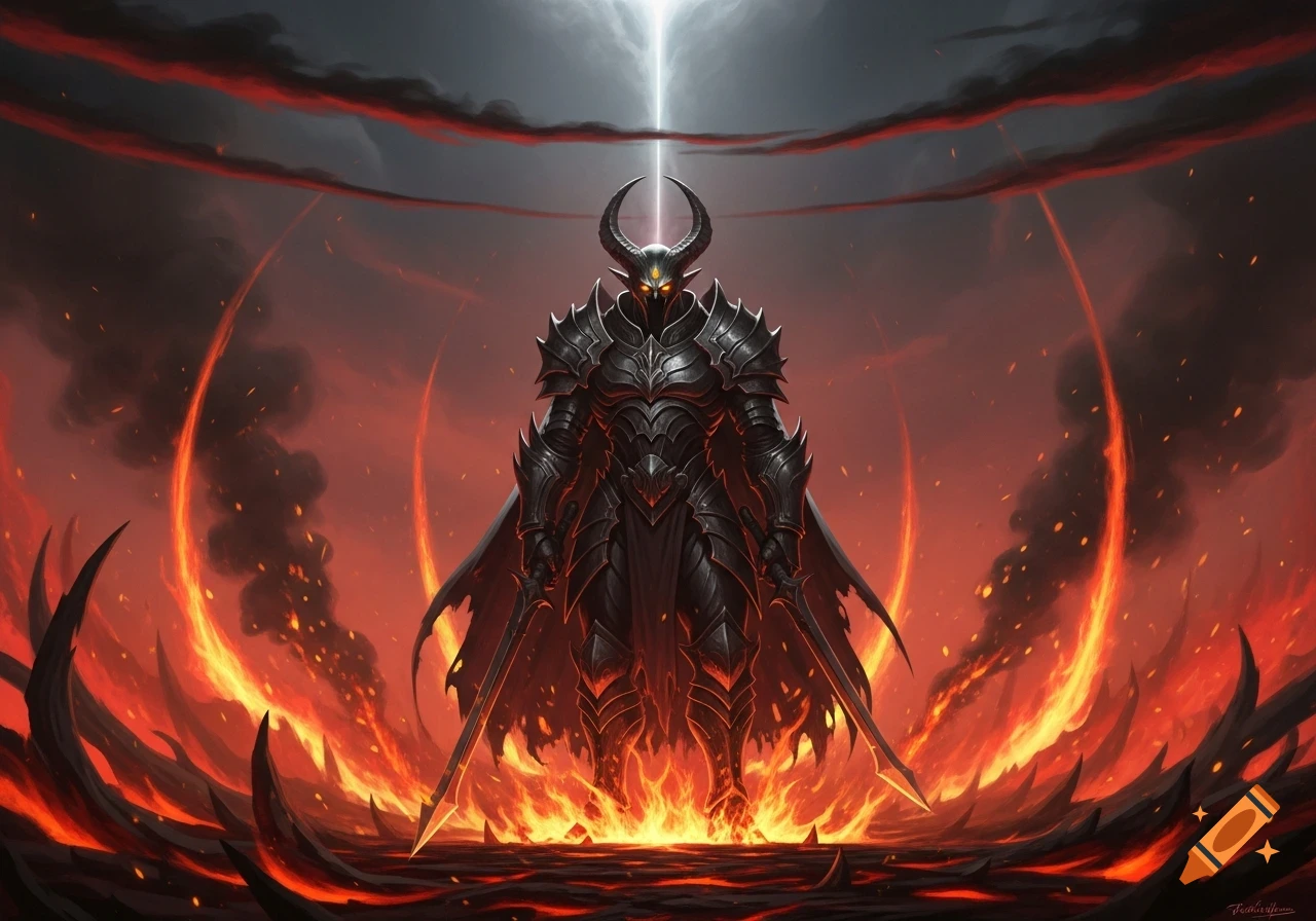 A dark armored demon with horns stands amidst a fiery, volcanic landscape under a stormy sky with a ray of light. Dark fantasy art.