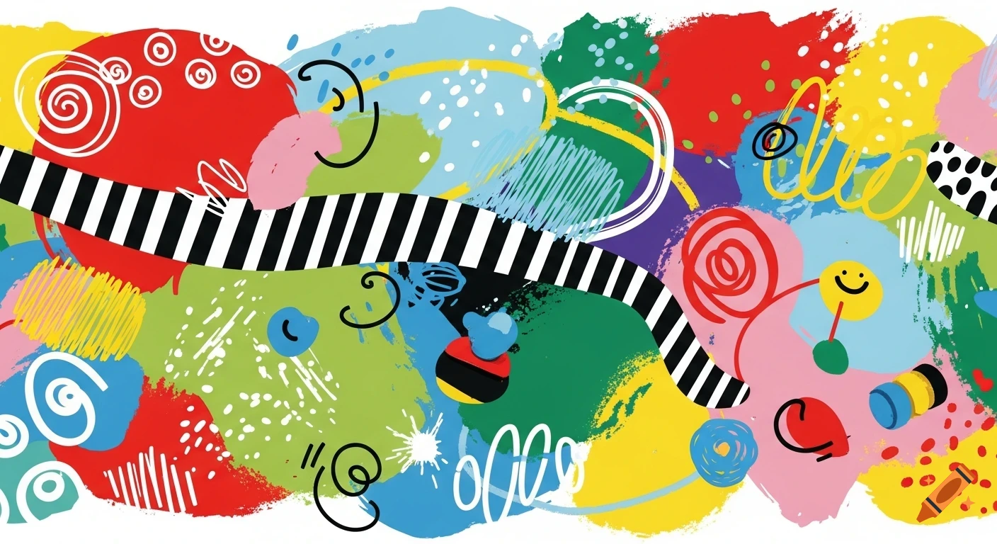 A vibrant, panoramic abstract art with colorful brushstrokes, dots, scribbles, and a black and white striped band, in a childlike style.