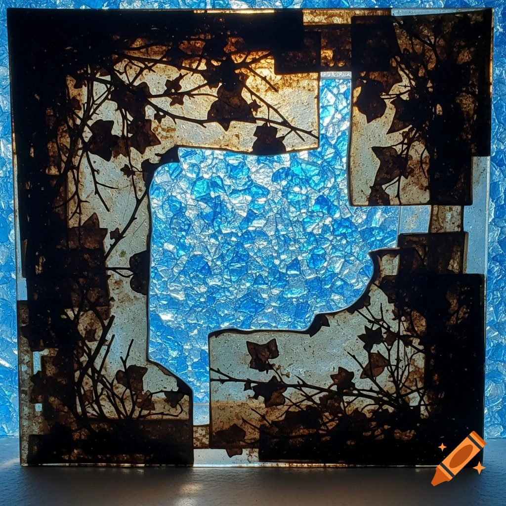 A layered glass art piece featuring dark brown ivy and twig silhouettes over a shimmering, textured blue glass background.