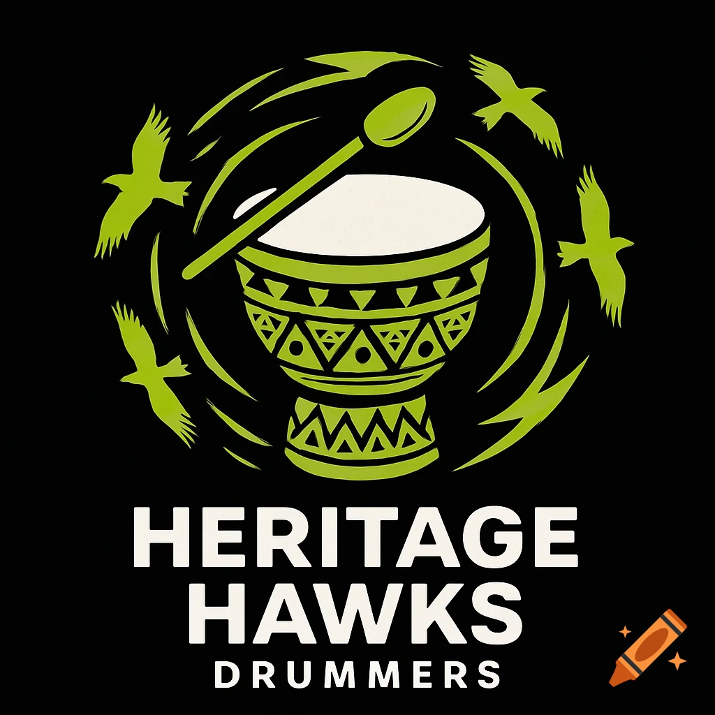A black background with a lime green logo. The logo features an indigenous hand drum with a drumstick, surrounded by four flying hawks. Below the emblem, the text "HERITAGE HAWKS DRUMMERS" is displayed in white.