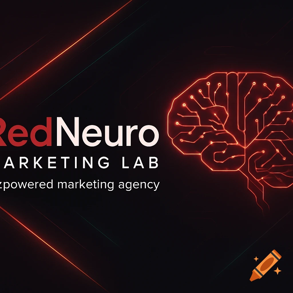Futuristic digital marketing banner for RedNeuro Marketing Lab with a circuit brain and glowing red lines.