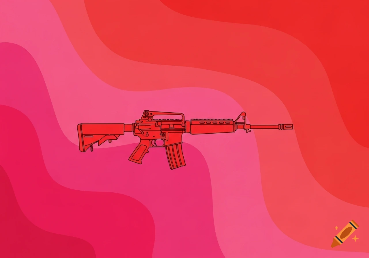 A red outline sketch of a rifle on a wavy pink and red background.