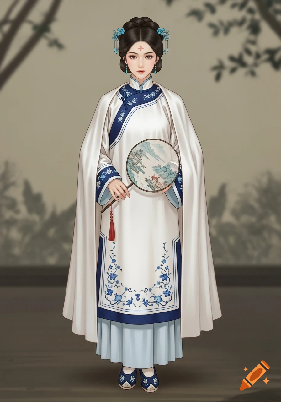 Full body portrait of a woman in traditional white and blue Chinese robes, holding a landscape-painted fan, in an elegant art style.