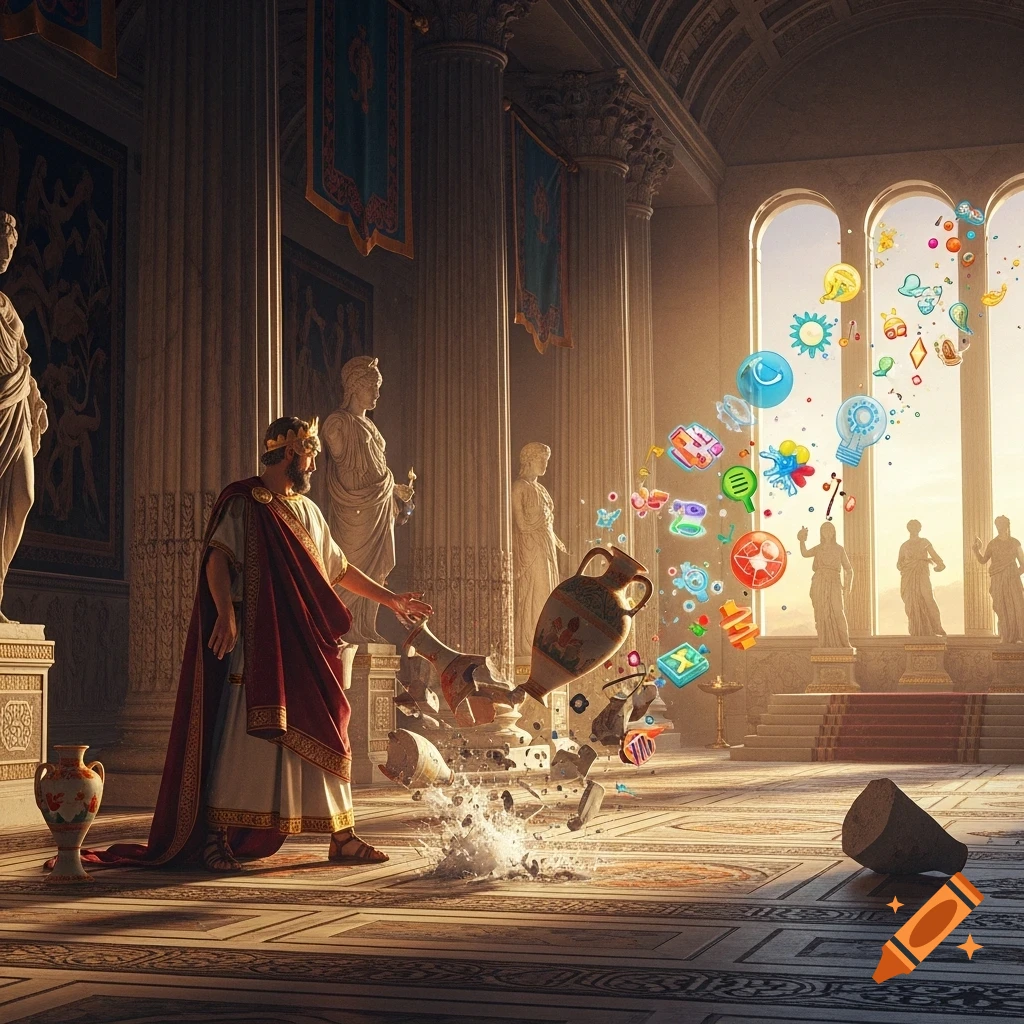 An emperor in an ancient palace watches as a breaking amphora spills colorful modern icons representing metaphors.