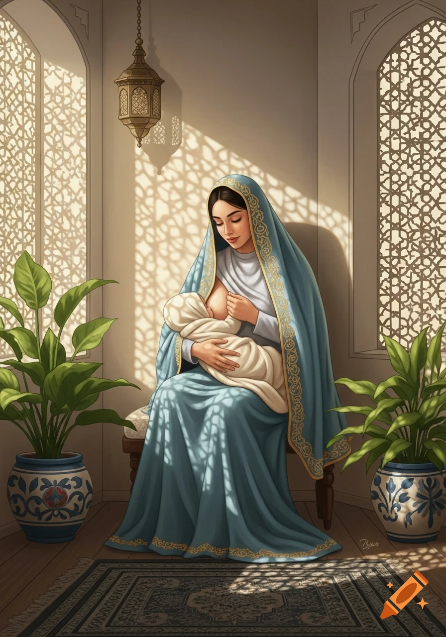 Serene illustration of a woman in a blue veil breastfeeding a baby in a sunlit room with Islamic patterns.