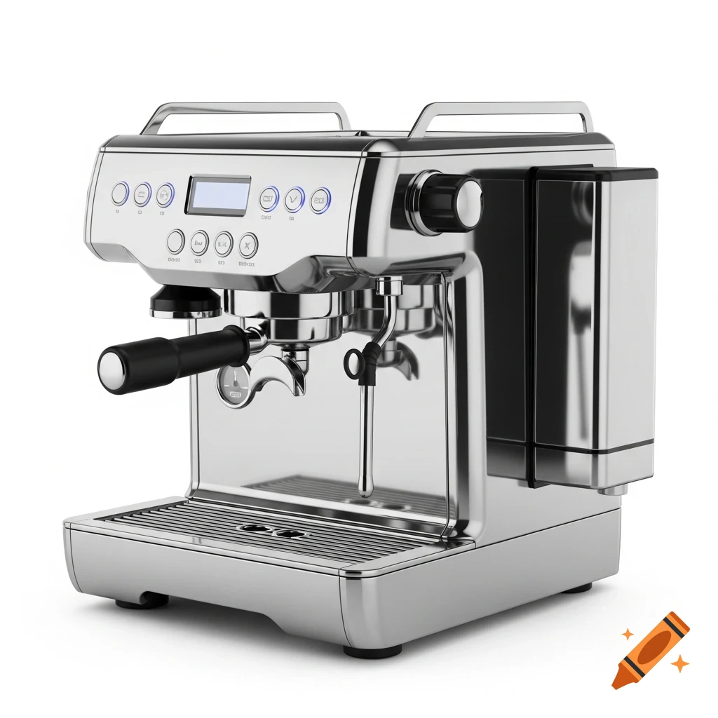A shiny chrome espresso coffee machine with a portafilter and control panel on a white background.