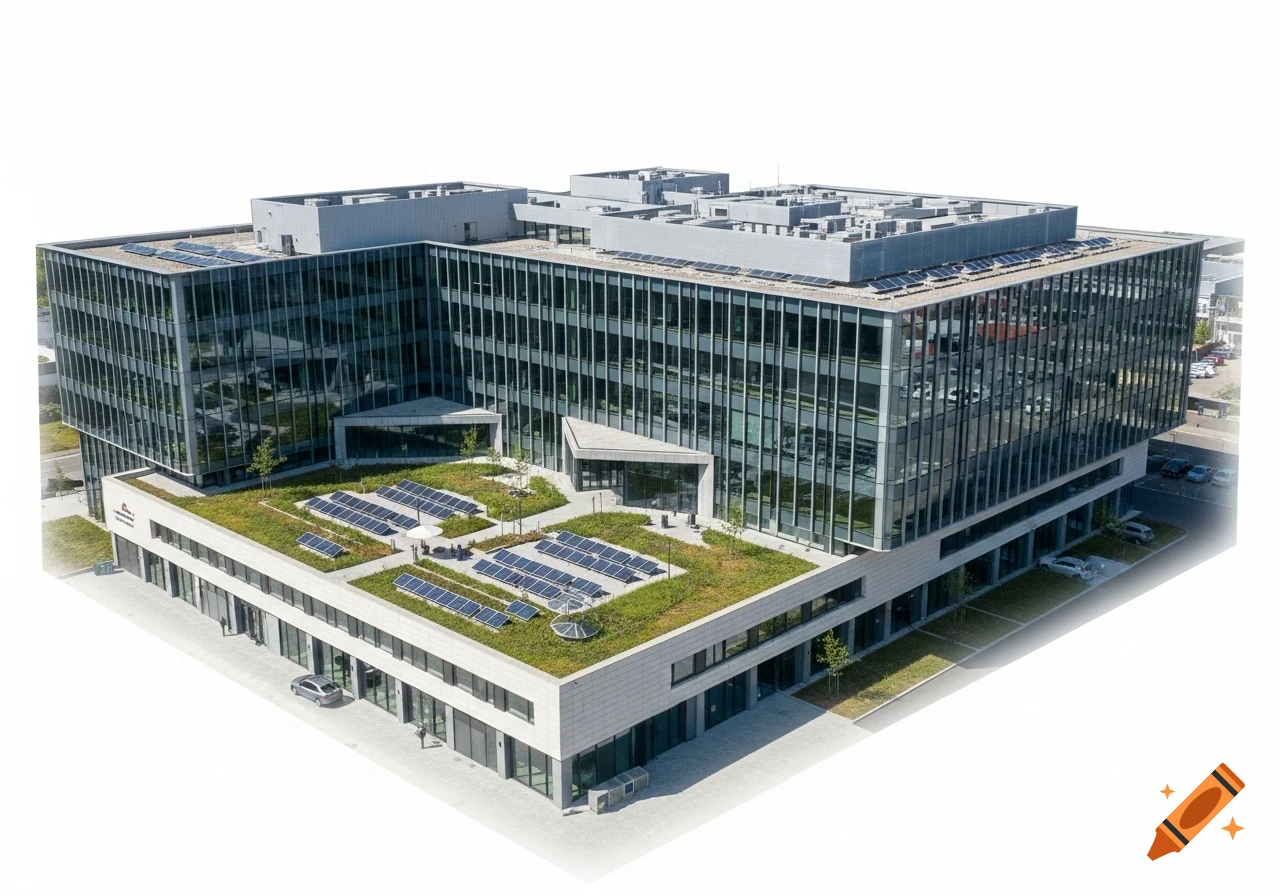 Aerial view of a modern glass office building with a green rooftop garden and solar panels.