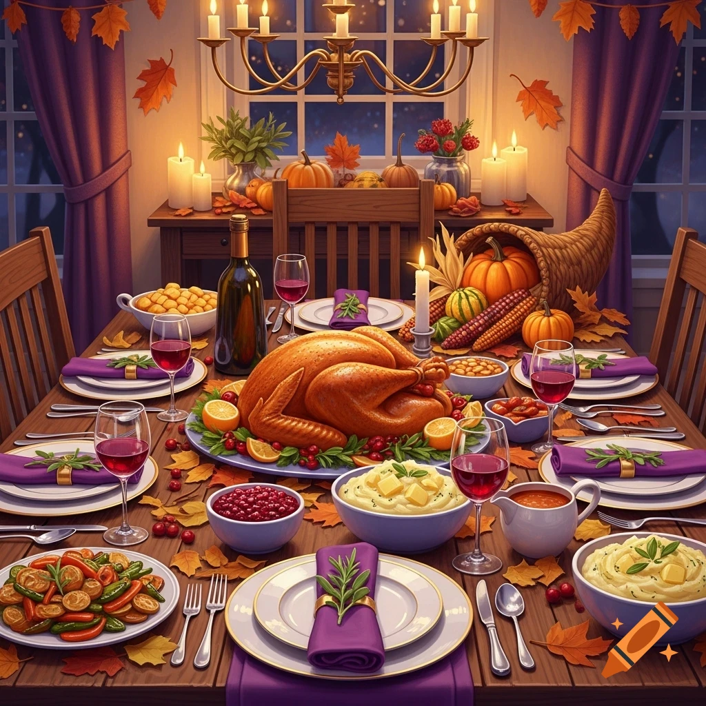 A photorealistic Thanksgiving dinner table set with a roasted turkey, various side dishes, wine glasses, lit candles, and autumn leaf decorations.