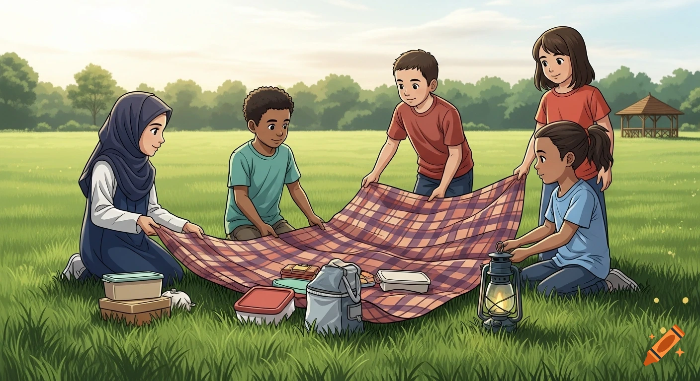 Five diverse children spreading a picnic blanket in a sunny green field with food containers and a lantern, cartoon style.