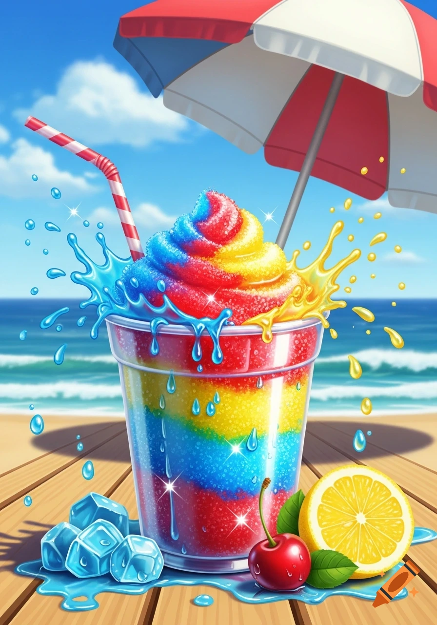 Vibrant rainbow slushy with splashes on a wooden deck at the beach under a red and white umbrella, with ice, cherry, and lemon.