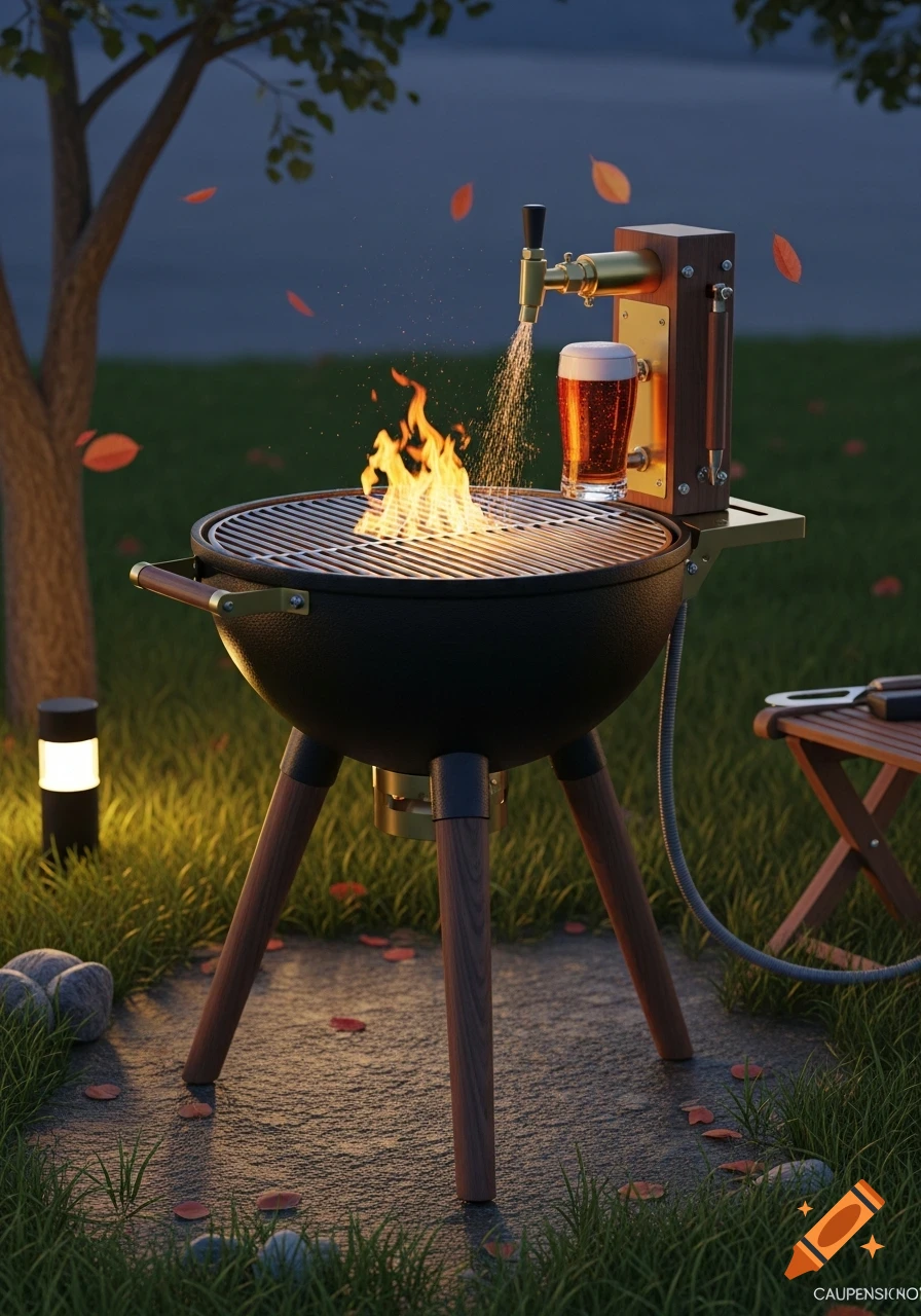 Photorealistic charcoal grill with flames and an attached beer tap spraying liquid into a glass of beer, set in a backyard at dusk.