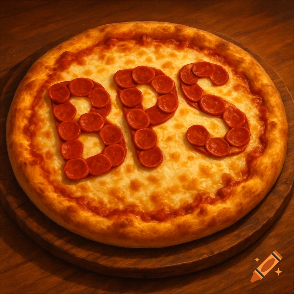 A photorealistic pepperoni pizza on a wooden board with the letters 'BPS' spelled out in pepperoni.