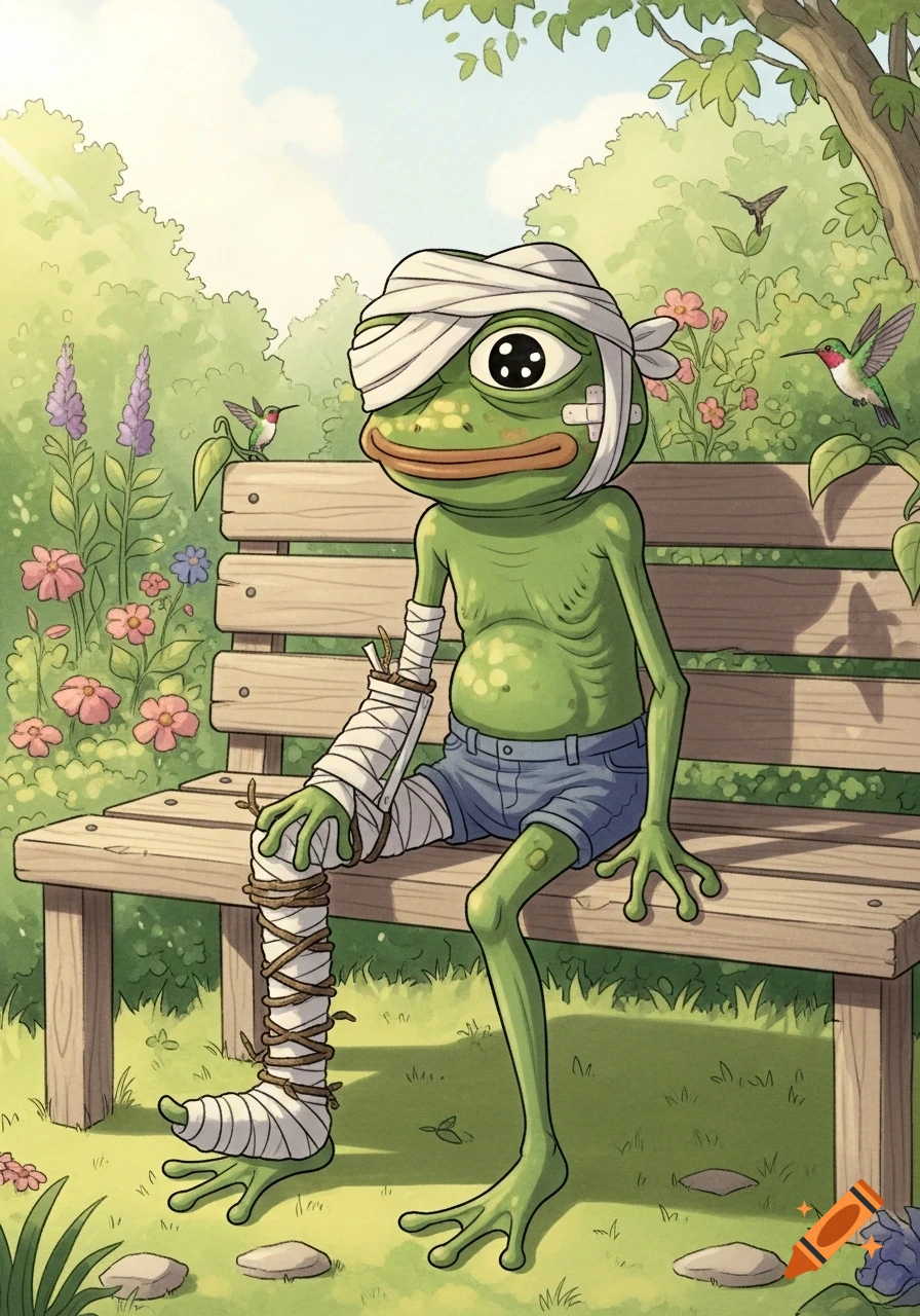 A very thin, green cartoon frog resembling Pepe, with bandaged head, arm, and leg, sits on a wooden park bench in a sunny garden with flowers and hummingbirds.