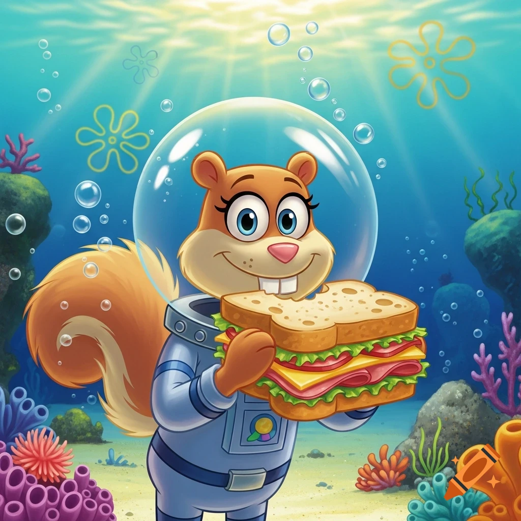 Cartoon Sandy Cheeks in a diving suit holds a large sandwich underwater amidst coral and sunlight.
