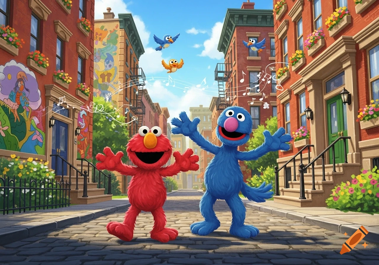 Elmo and Grover dancing happily on a cobblestone street in front of colorful brownstone buildings with musical notes floating in the air. Two blue birds and an orange bird fly in the sky.