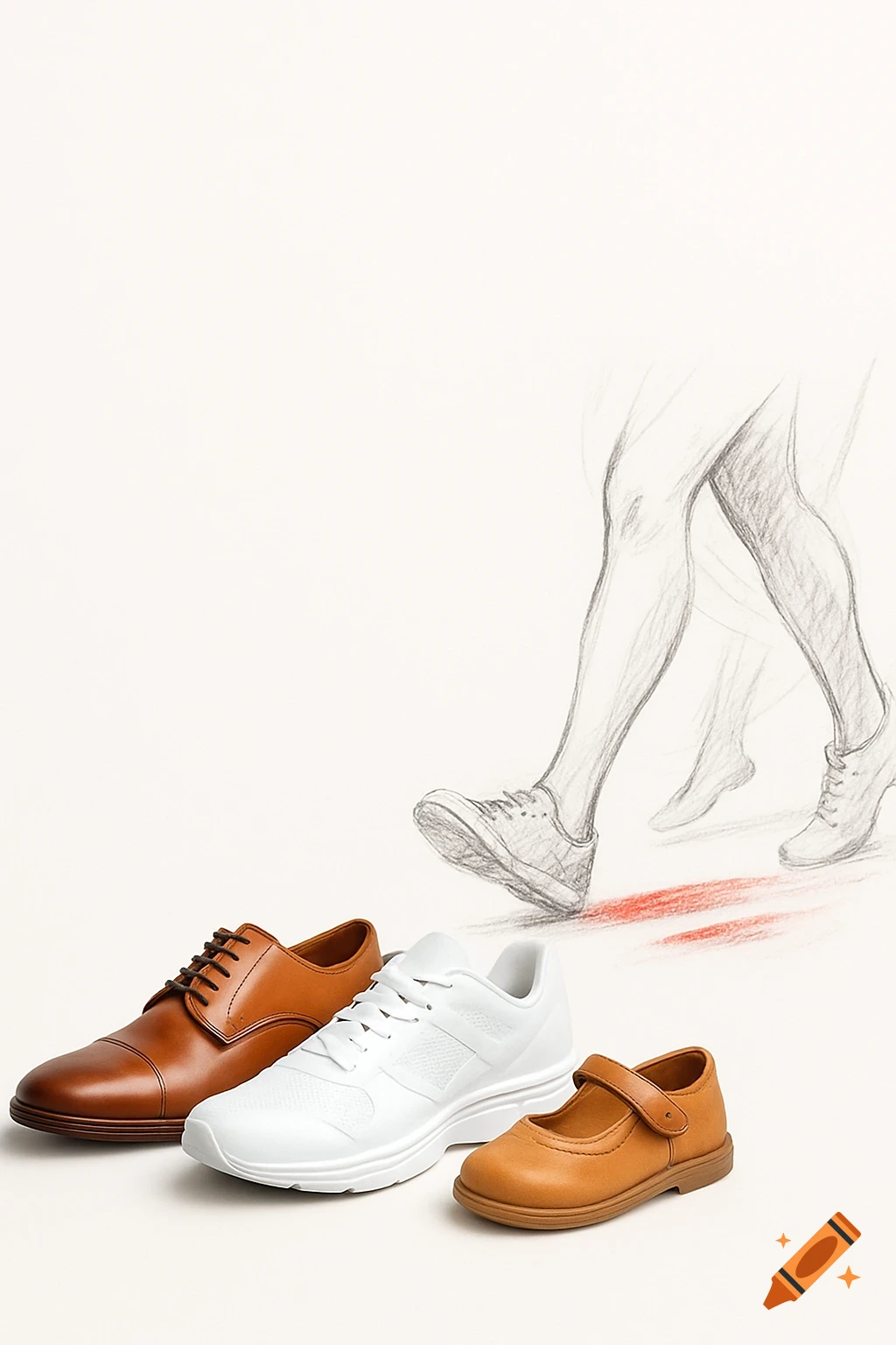 Brown dress shoes, white sneakers, and children's Mary Janes on a white background with a faint pencil sketch of walking legs.