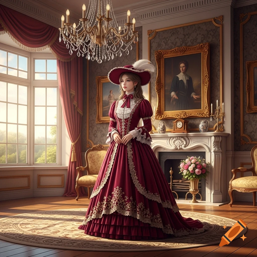 A beautiful young lady in a detailed red Victorian gown and hat, standing in an ornate room with a chandelier and portraits.