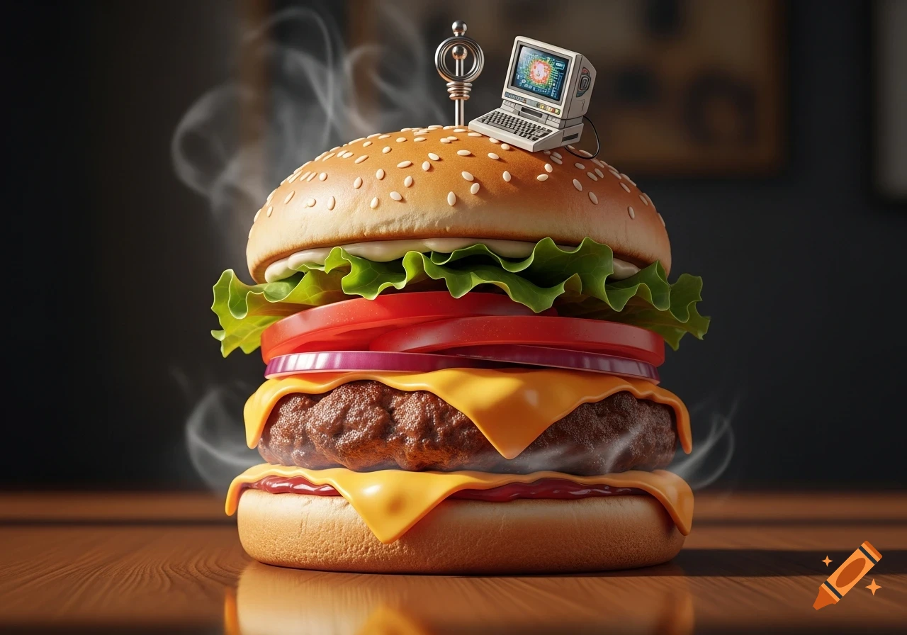 A large, steamy, photorealistic burger with fresh ingredients, topped with a miniature retro computer and a metal skewer, on a wooden table.