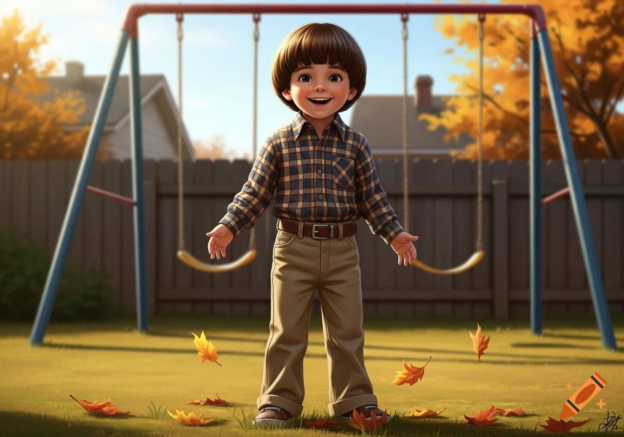 A happy boy with a brown bowl cut and plaid shirt stands in a sunny autumn playground with falling leaves.