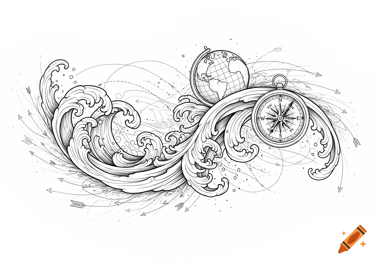 A black and white line art tattoo design featuring stylized ocean waves, a globe, and a compass rose.