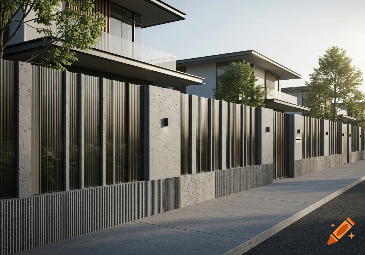 A modern concrete and fluted glass fence in front of minimalist houses along a sidewalk on a sunny day.